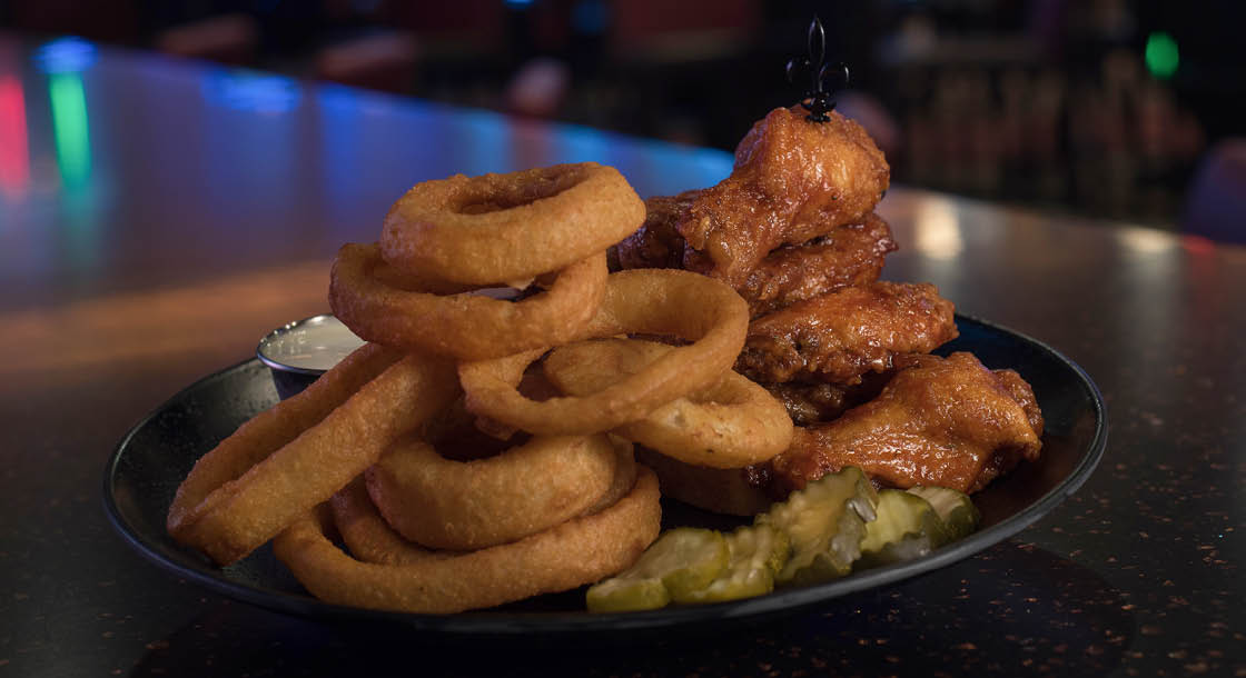 Wings and Onion Rings at Railbirds Hot Chicken Restaurant at Derby City Gaming in Louisville, KY